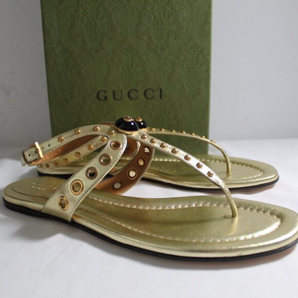 Gucci Shoes - NWB Gucci GG Thong Studded Ankle Strap Flats Sandals Leather Gold 40 740431